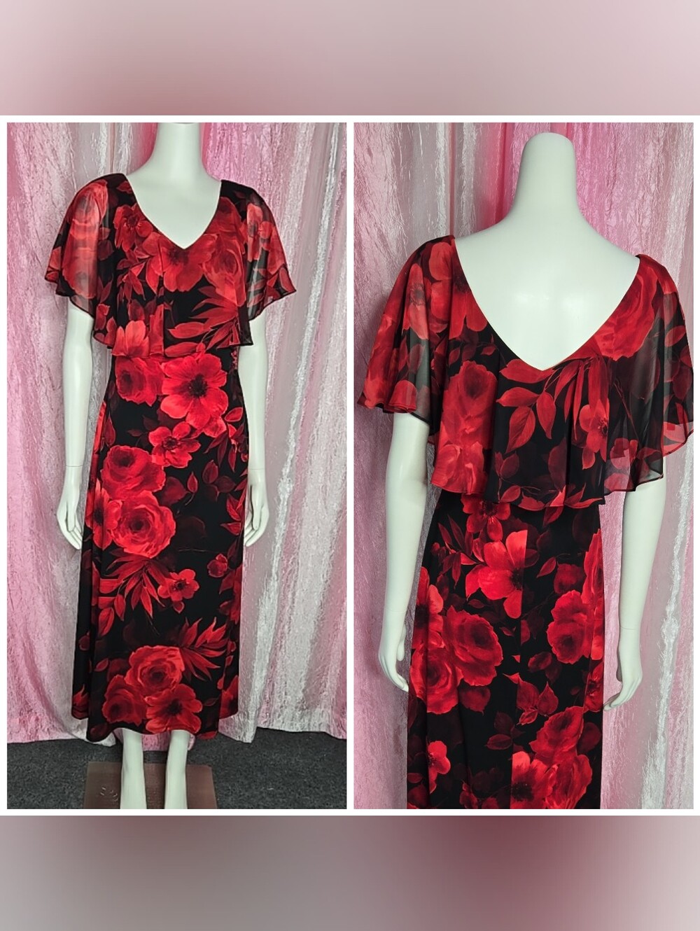 Connected Apparel Red Black Floral Chiffon Maxi Dress Size 8
